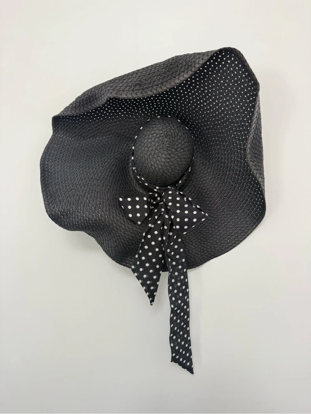 Black Wide-Brim Straw Hat with Polka Dot Bow